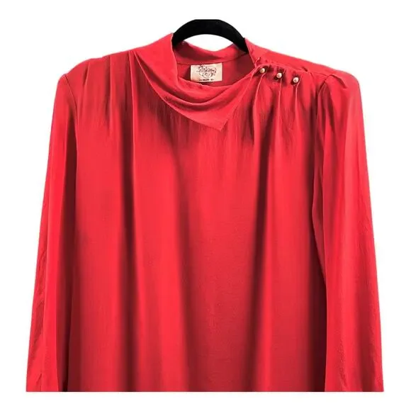 Vintage 80s SILK Elegant Red Cowl Neck Shift Dress Minimalist Old Money 7/8 - Picture 7 of 10